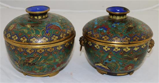 A pair of Chinese cloisonné enamel bowls and covers, first half 19th century, diameter 13.5cm, some losses